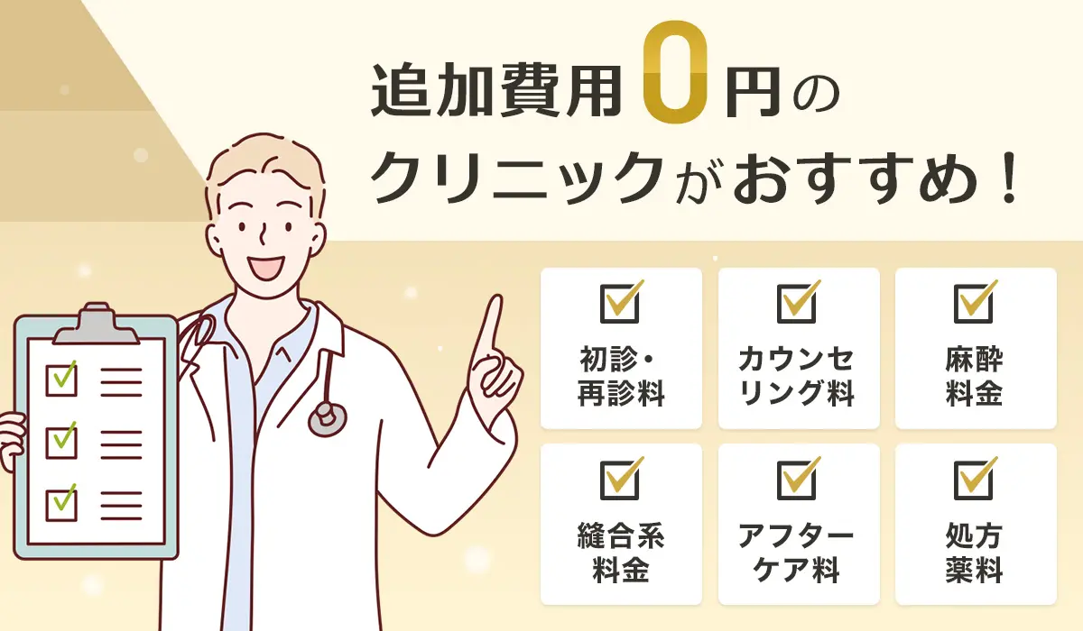 追加費用0円のクリニックがおすすめ! 初診・再診料 カウンセリング料 麻酔料金 縫合系料金 アフターケア料 処方薬料